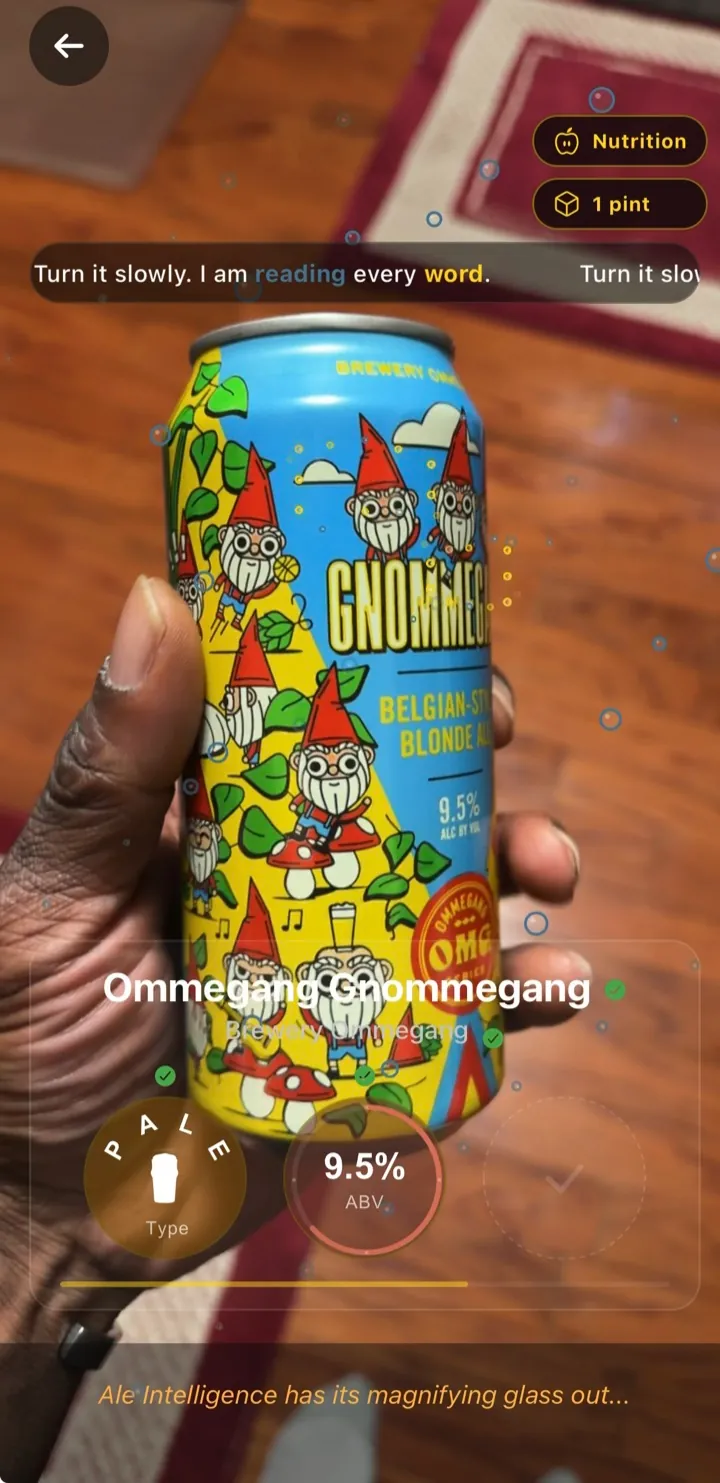 Live scan reading a beer can label, with the detected beer name, brewery, style and ABV confirmed on screen