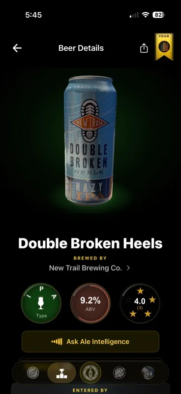 Beer detail page showing style, ABV, rating and brewery with an Ask Ale Intelligence button
