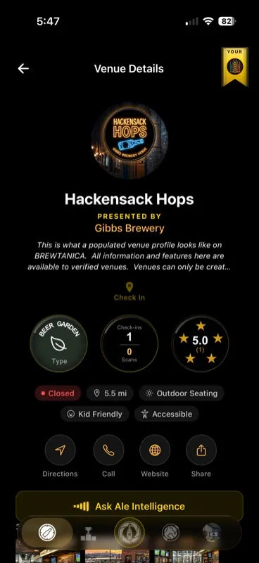 Venue detail page for a beer garden with type, check-ins, rating and directions