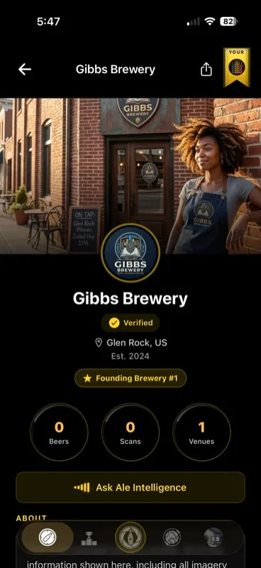 Verified brewery profile with logo, location and beer and venue counts
