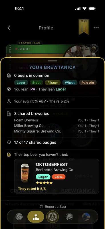 The Your BREWTANICA comparison between two beer lovers: beers in common, who leans to which style, average ABV, shared breweries and badges, and their top-rated beer you have not tried yet