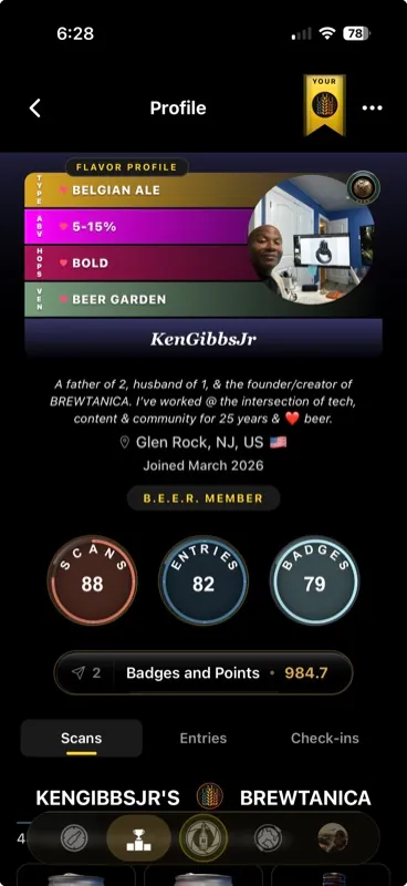 User profile showing the Flavor Profile bar, scan and badge stats, and featured badges