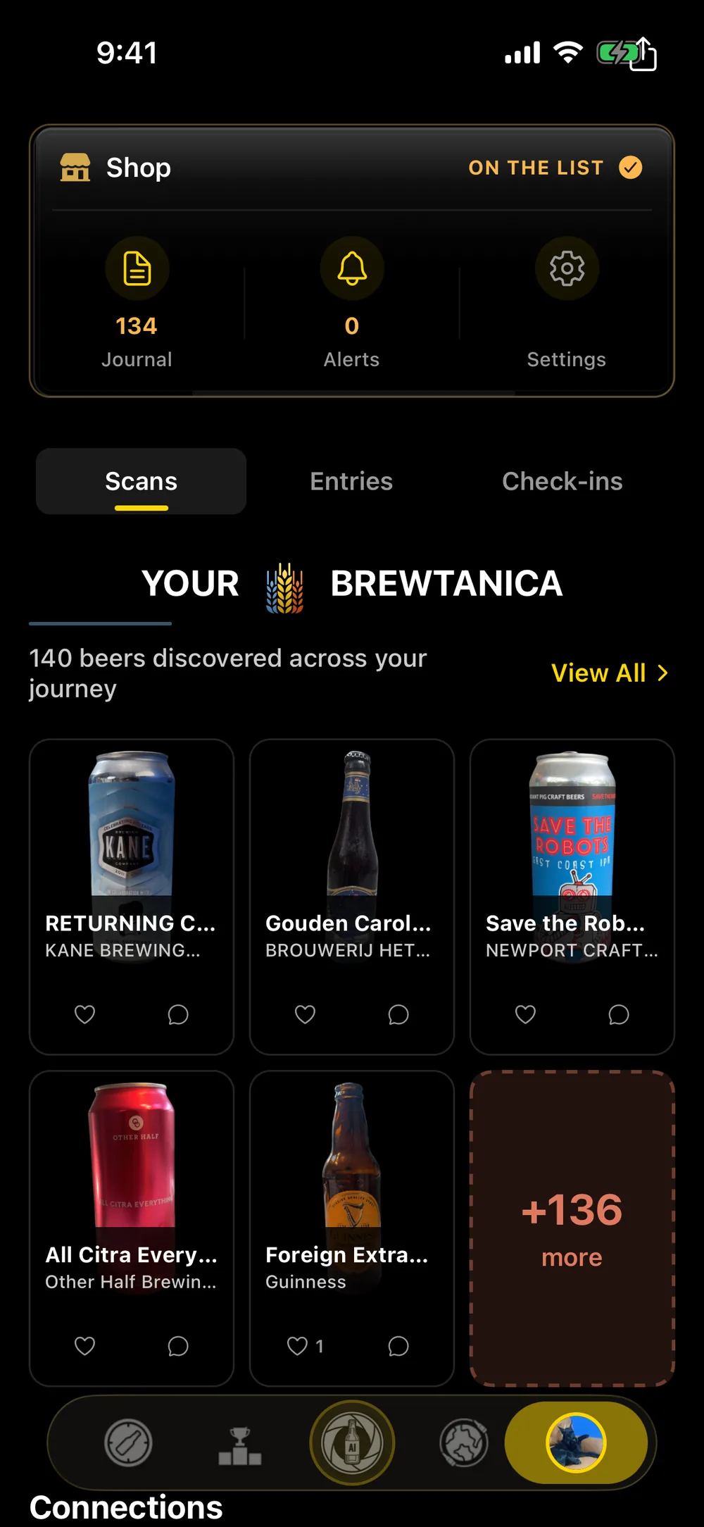 BREWTANICA profile journal: Scans, Entries and Check-ins tabs above a grid of scanned beers