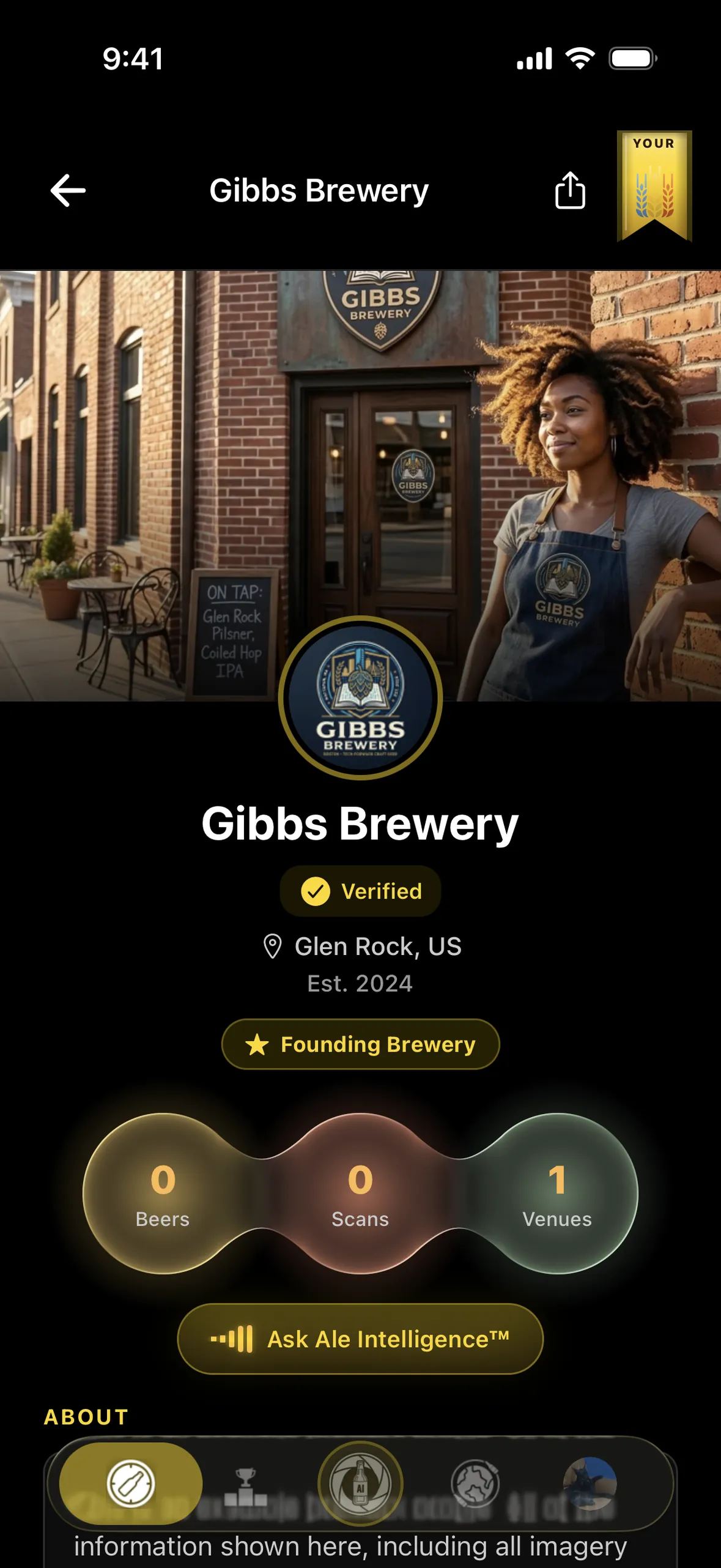 Gibbs Brewery's verified page in the BREWTANICA app: storefront photo, logo, Verified and Founding Brewery marks, location and Est. 2024