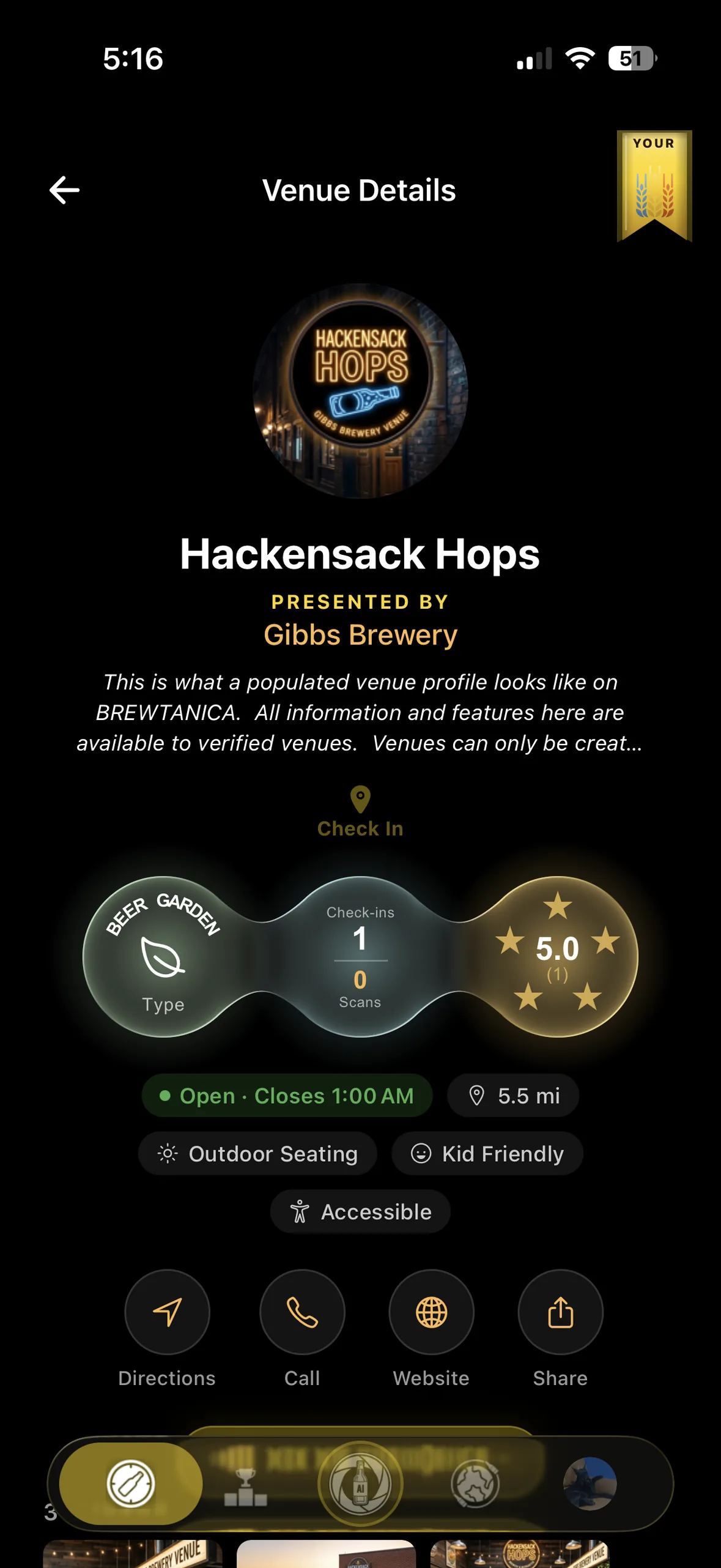 A verified venue profile on BREWTANICA: Hackensack Hops, presented by Gibbs Brewery, with a Check In button, opening hours, accessibility details and directions