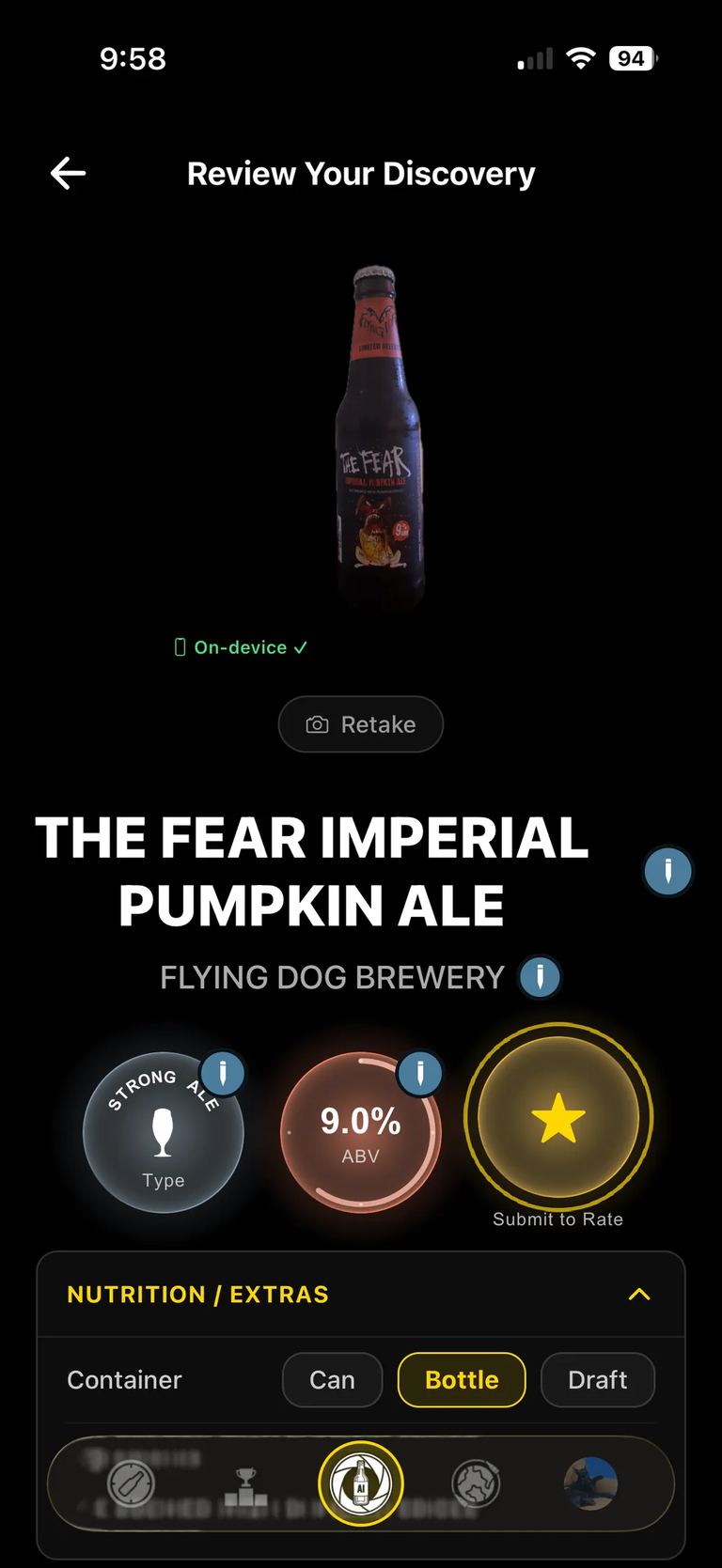 Gate 4, the review screen, with blue circular edit markers beside the beer name, the brewery, and the type and ABV gauges