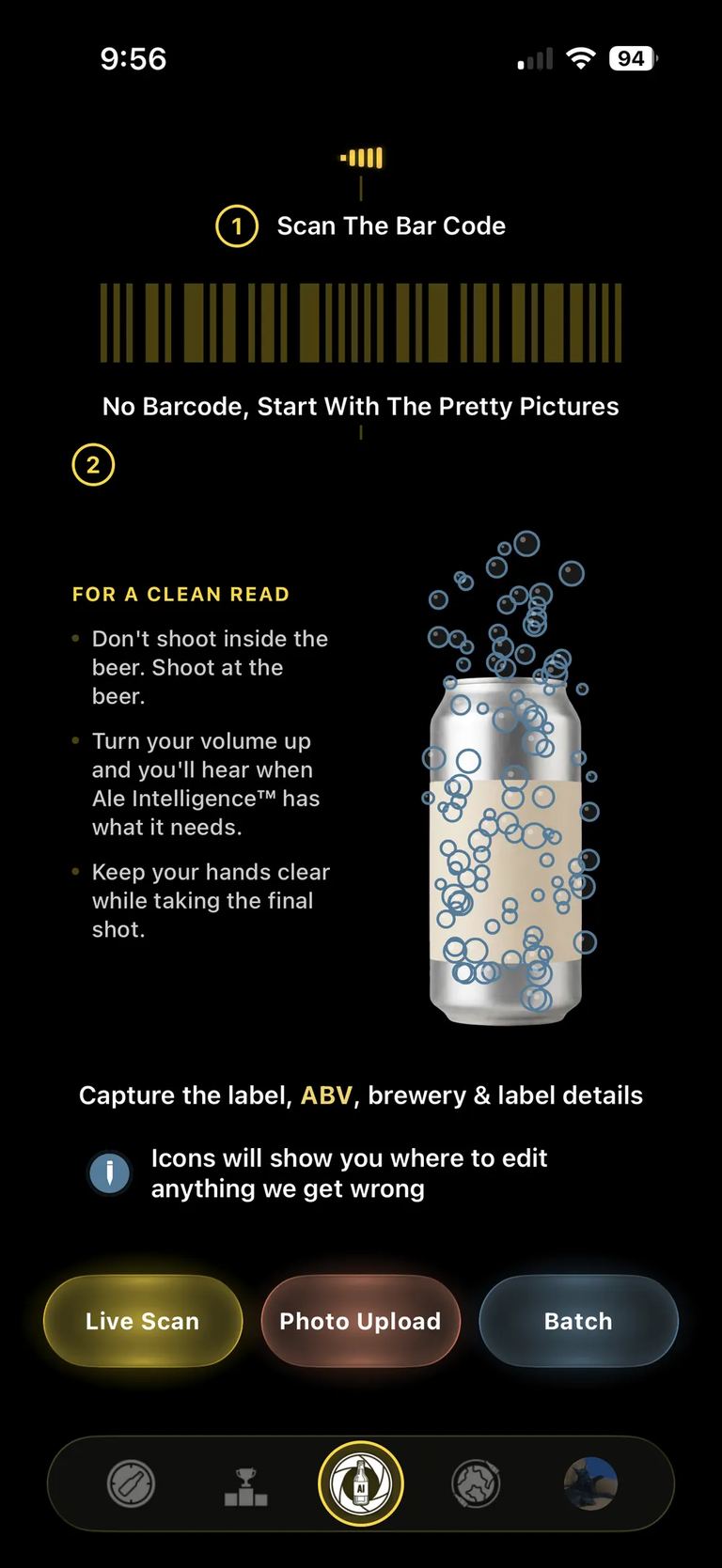 The new scan landing: three equal-width pills reading Live Scan, Photo Upload and Batch, each in a different colour